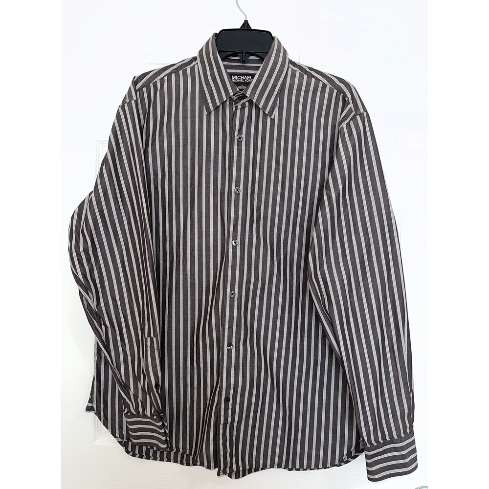 Michael Michael Kors Shirt Mens L brown Stripe Dress Long Sleeve Button Front